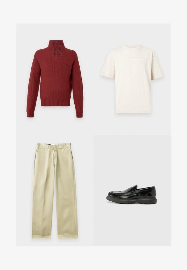Pull en tricot bordeaux à col montant, avec quatre boutons noirs au niveau du cou et une texture côtelée sur les manches et le corps.; T-shirt à manches courtes, col rond de couleur crème avec un logo discret embossé sur la poitrine, présenté sur un fond gris clair.; Pantalon beige à coupe droite, fabriqué dans un tissu lisse. Comprend des poches latérales et une taille classique avec passants de ceinture.; Mocassin en cuir noir avec une finition brillante, bout arrondi, détails de couture subtils et semelle en caoutchouc épaisse pour la durabilité.