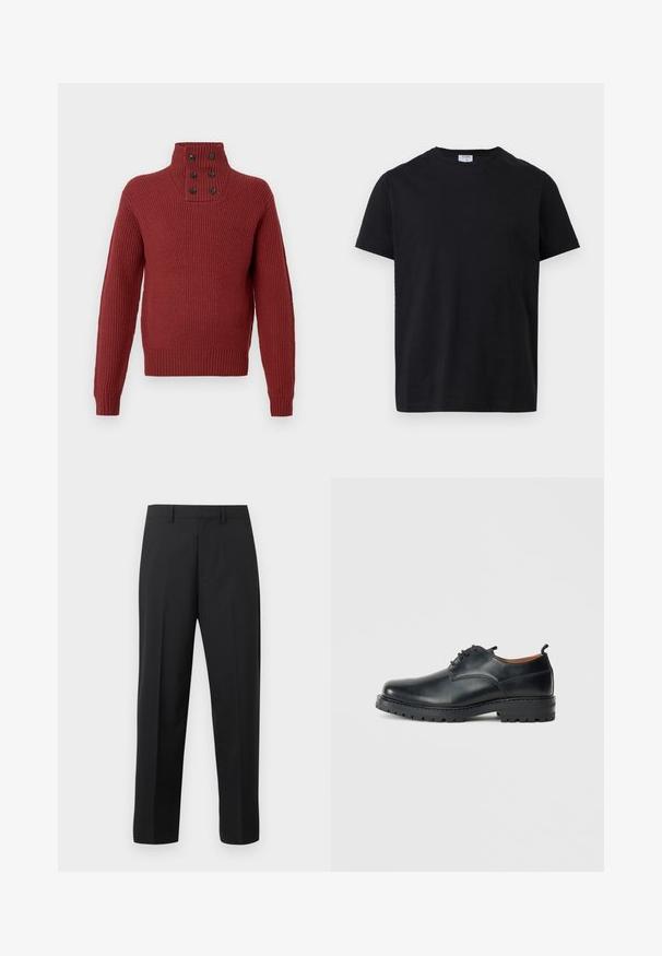 Mørkerød strikket sweater med høj krave, der har fire sorte knapper ved halsen og ribbet tekstur på ærmerne og kroppen.; Sort kortærmet T-shirt med rund hals og en lille hvid mærkat inde i kraven, vist fladt mod en hvid baggrund.; Sorte bukser med lige ben, bæltestropper, frontfold og lynlås på hvid baggrund.; Sorte læder derby-sko med en glat overflade, rund tå, snøre-design og en tyk, robust gummisål.