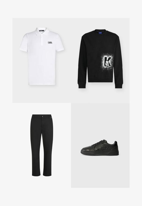 Sweat-shirt noir à manches longues avec un effet de peinture en spray blanche autour d'une grande lettre "K" et une petite silhouette de chien à l'intérieur de la lettre.; Polo blanc à manches courtes avec col et trois boutons, avec un logo noir "KARL LAGERFELD" sur la poitrine gauche.; Pantalons noirs en tissu lisse, avec une coupe droite, fermeture par bouton à l'avant et un détail de logo subtil sur la taille.; Baskets basses noires avec des panneaux texturés, lacets à l'avant, semelle en caoutchouc et logo "KARL" sur le côté et l'onglet du talon.