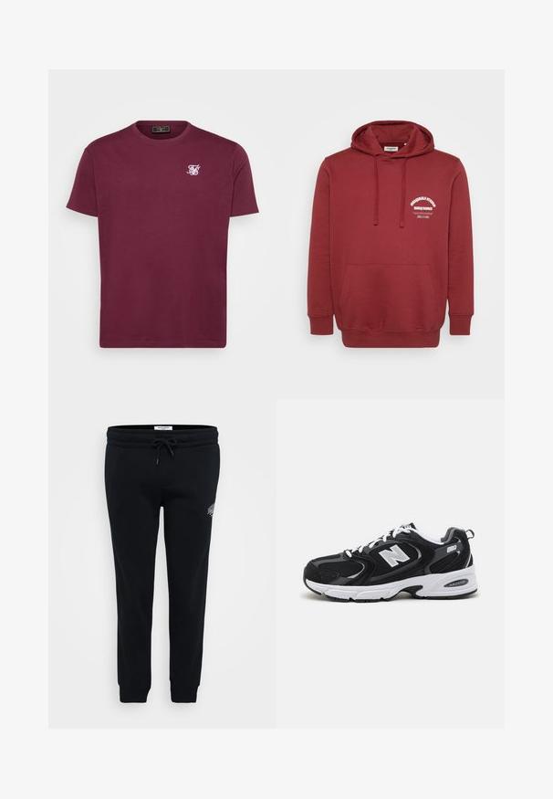 Bordeauxfarbener Hoodie mit Kordelzügen, vordertasche, und weißem Textlogo auf der linken Brust mit der Aufschrift "Originals Studio Daily Basics."; Bordeaux Baumwoll-T-Shirt mit runder Halslinie, kurzen Ärmeln und einem kleinen weißen Logo auf der linken Brust. Glatte Textur und klassischer Schnitt.; Schwarze Jogginghose aus weichem Material, mit elastischem Bund, Kordelzug, Seitentaschen und einem kleinen Logodetail auf der Hüfte.; Schwarze und graue Sportschuhe mit Obermaterial aus Mesh und Wildleder, ausgestattet mit einer weißen Zwischensohle, Schnürsenkeln und einem markanten "N"-Logo an der Seite.