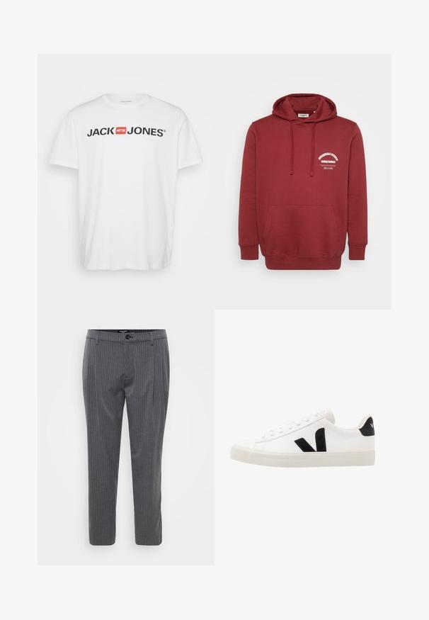 Bordeauxfarbener Hoodie mit Kordelzügen, vordertasche, und weißem Textlogo auf der linken Brust mit der Aufschrift "Originals Studio Daily Basics."; Weißes Baumwoll-T-Shirt mit dem schwarzen "JACK & JONES" Logo und einem roten rechteckigen Akzent. Kurze Ärmel und Rundhalsausschnitt. Glatte Textur.; Grau gestreifte Hose aus gewebtem Stoff, mit flachem Bund, Gürtelschlaufen und einem Knopfverschluss. Taillierter Schnitt und gesäumte Säume.; Weiße Leder-Sneaker mit schwarzen Wildlederelementen; verfügen über eine Gummisohle, eine runde Spitze und ein klassisches Schnürdesign. Seitliches Logo in Schwarz.