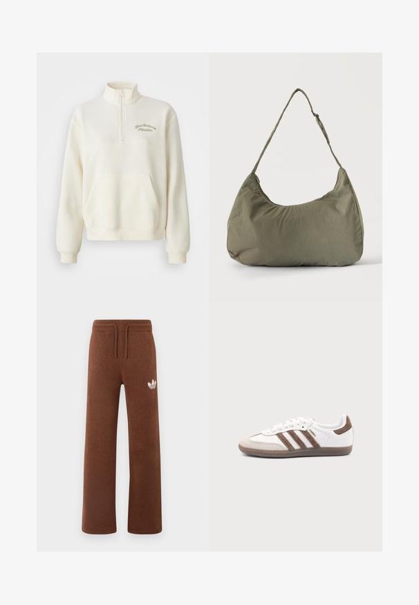Hvid fleece sweatshirt med høj krave, halv lynlås, forlommer og grøn broderet tekst "New Balance Athletics." Blød tekstur.; Brune sweatpants i blødt stof med en afslappet pasform, der har en elastisk talje, snørre og et hvidt logo på venstre lår.; Hvid Adidas Samba sneaker med brune ruskindstriber, brun gummisål og beige ruskindståhætte, vist fra ydersiden på en ensfarvet baggrund.; Skuldertaske i blødt olivengrønt stof med lynlås og justerbar rem på ensfarvet, lyst baggrund.