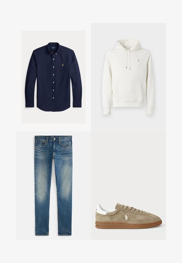 Witte katoenen hoodie met een kangoeroezak, verstelbare trekkoordcapuchon, geribbelde manchetten en een klein geborduurd logo op de borst.; Marineblauw overhemd met lange mouwen en knopen, een button-down kraag en een klein geel Polo Ralph Lauren-logo op de linkerborst.; Blauwe vervaagde slim-fit jeans met knoop- en ritssluiting, voorzakken en klein muntzakje, plat gelegd op een witte achtergrond.; Suède sneaker in tan met witte accenten, ronde neus en vetersluiting. Beschikt over een geperst logo en rubberen zool voor grip.