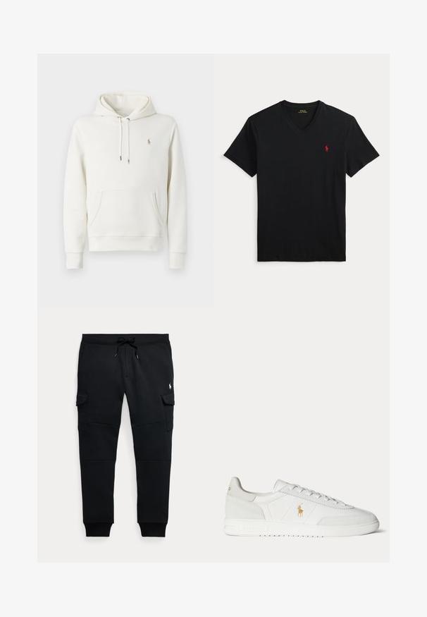 Hvid bomulds-hoodie med kengurulomme, justerbar snoretræk-hætte, ribbede manchetter og et lille broderet logo på brystet.; Sort V-hals T-shirt med korte ærmer og et lille rødt Polo Ralph Lauren-logo på venstre bryst.; Sorte cargo joggebukser med snøre i taljen, sidelommer med klap, ribkantsmanchetter og lille hvid polo spiller logo på højre lår.; Hvid lavtop sneaker med snøredesign, guldfarvet Polo Ralph Lauren-logo på siden og tekstureret sål på en ensfarvet baggrund.