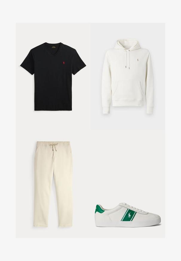 Sudadera blanca de algodón con un bolsillo tipo canguro, capucha ajustable con cordón, puños acanalados y un pequeño logo bordado en el pecho.; Camiseta negra de manga corta con escote en V y pequeño logo rojo de Polo Ralph Lauren en el pecho izquierdo.; Pantalones casuales color blanco roto con cinturilla elástica y cordón, piernas rectas y bolsillos laterales sobre un fondo liso.; Zapatilla blanca de corte bajo con una franja verde y el logo de Polo en el lateral, lengüeta verde en el talón y cordones blancos, mostrada desde el lado izquierdo sobre un fondo liso.