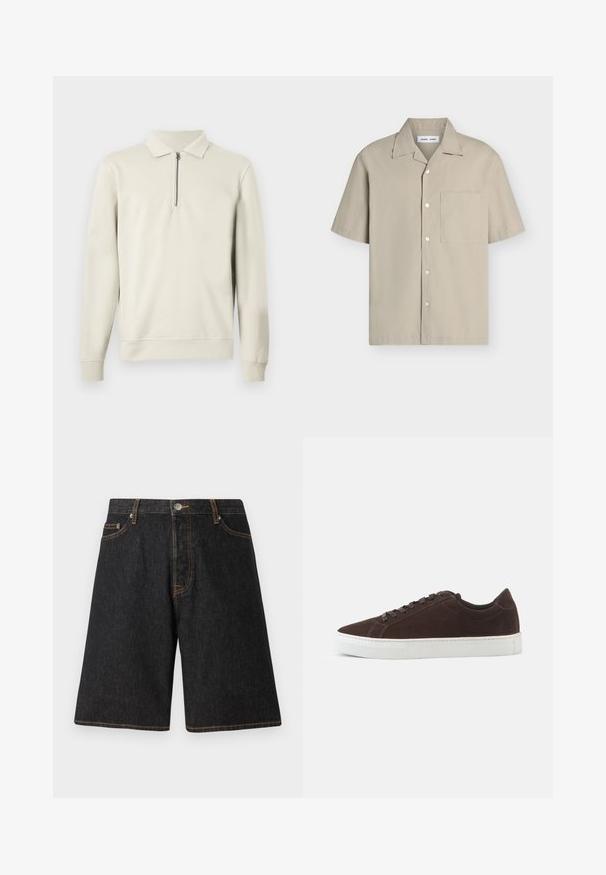 Pull beige à manches longues avec col, poignets et ourlet côtelés, doté d'une courte fermeture éclair à l'avant sous le col.; Chemise beige à manches courtes avec boutons, col pointu et poche poitrine gauche, posée à plat sur un fond blanc.; Shorts en denim noir avec une coupe droite, présentant des coutures orange, cinq poches et une fermeture à bouton en métal à la taille.; Baskets basses en daim marron foncé avec des lacets assortis et une semelle blanche épaisse en caoutchouc, présentées de profil sur un fond uni.
