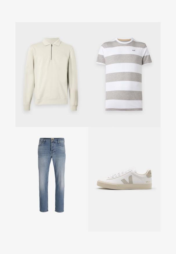 Beige Pullover mit langen Ärmeln, geripptem Kragen, Bund und Bündchen, ausgestattet mit einem kurzen Reißverschluss unter dem Kragen.; Kurzärmliges T-Shirt mit breiten horizontalen weißen und hellgrauen Streifen, Rundhalsausschnitt und kleinem dunklem Logo auf der linken Brust.; Hellblaue Denim-Jeans im geraden Schnitt, mit leichter Verwaschung auf der Vorderseite, Fünf-Taschen-Design und einem Metallknopfverschluss an der Taille.; Weiße Ledersneaker mit beigen Akzenten, flacher Gummisohle, runder Zehenpartie und kontrastierendem Logo an der Seite und Rückseite. Mit Schnürdesign.