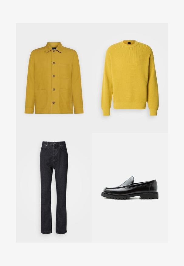 Pull jaune en maille gaufrée avec un col rond et des poignets côtelés. Texture douce, coupe régulière et couleur unie sans motifs.; Veste jaune moutarde à manches longues avec col, quatre boutons devant et trois poches avant sur fond uni.; Jean en denim noir taille haute avec fermeture à bouton et à glissière, poches avant et arrière, et coupe droite.; Mocassin en cuir noir avec semelle en caoutchouc épaisse, dessus cousu et nom de marque embossé sur le talon, présenté de profil sur fond blanc.