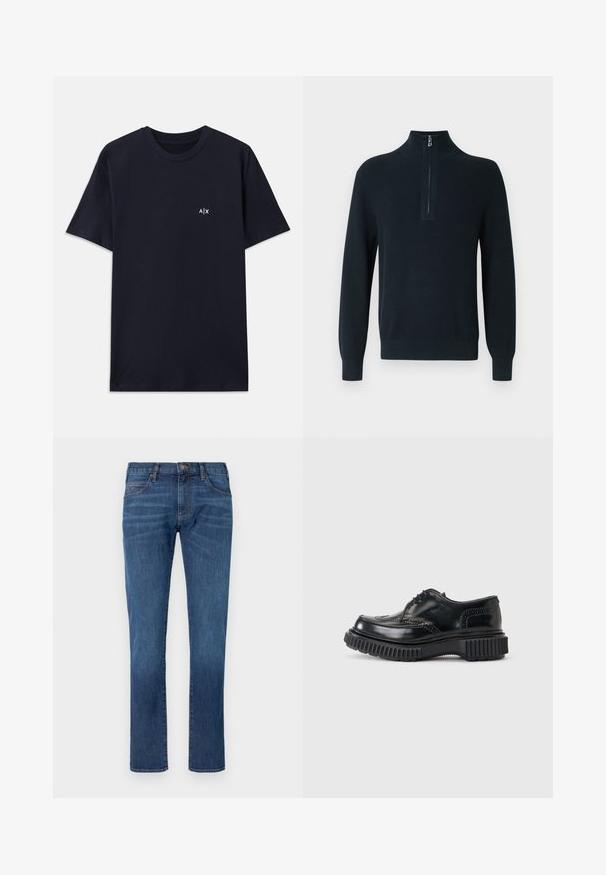 Suéter de canalé azul marino oscuro con cuello mao con cremallera y mangas largas. Cuenta con puños y dobladillo ajustados para un ajuste ceñido.; Camiseta de algodón de color azul marino con mangas cortas y cuello redondo. Presenta un pequeño logo blanco "A|X" en la parte izquierda del pecho.; Vaqueros de mezclilla azul con corte recto, que cuentan con un diseño clásico de cinco bolsillos y cierre de botones. Sutil desgaste en la textura de la tela.; Zapato brogue de cuero negro con suela gruesa y estriada y cierre de cordones sobre fondo liso gris claro.