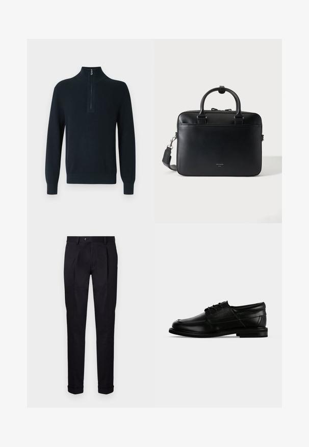 Dunkelblauer, gerippter Pullover mit Reißverschluss und Stehkragen sowie langen Ärmeln. Mit enganliegenden Bündchen und Saum für eine optimale Passform.; Maßgeschneiderte schwarze Hose aus glattem Stoff, mit flacher Vorderseite, zwei vorderen Falten und umgeschlagenen Säumen für einen sauberen, strukturierten Look.; Schwarzer Herrenschuh aus Leder mit Schnürsenkeln, niedrigem Absatz und eingeprägtem Markennamen an der Seite, seitliche Ansicht auf weißem Hintergrund.; Schwarze Lederaktentasche mit doppelten Griffen und abnehmbarem Schulterriemen, minimalistisches Design auf einfarbigem Hintergrund.