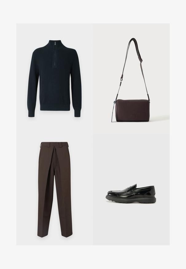 Mørk marineblå ribstrikket pullovertrøje med lynlåslukning ved den høje krave og lange ærmer. Har tætsiddende manchetter og kant for en tæt pasform.; BLUEMARBLE WORK PANT - Bukser - brown; Sort læderloafer med en blank finish, rund tå, subtile syninger og en tyk gummisål for holdbarhed.; Mørkebrun textured læder crossbody taske med justerbar rem og lille dekorativ blå accent på siden.