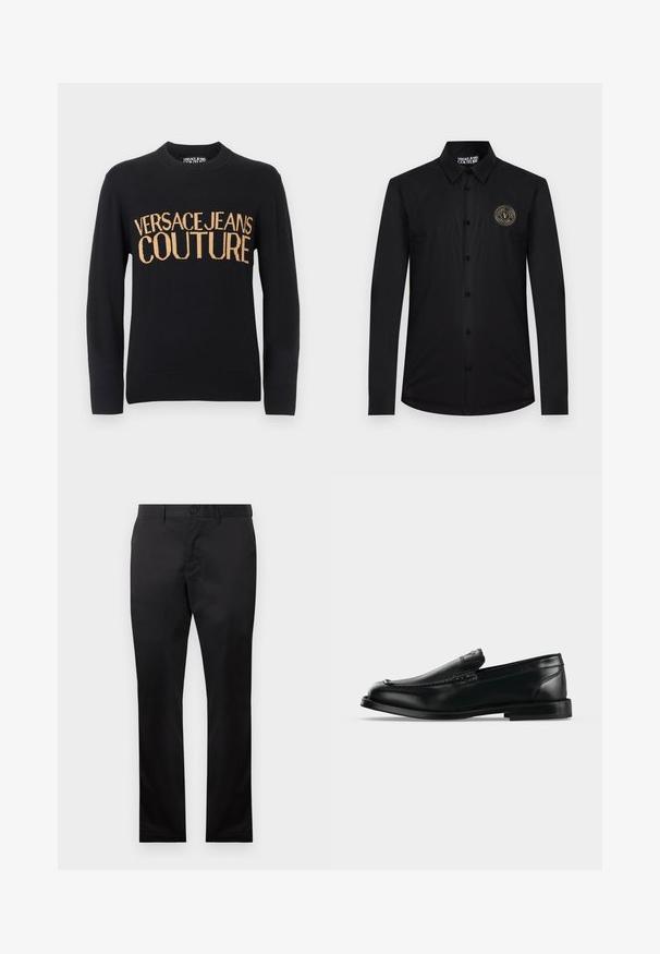 Čierny sveter s dlhým rukávom a okrúhlym výstrihom, s rebrovanými manžetami a spodným lemom, s veľkým béžovým nápisom "VERSACE JEANS COUTURE" na hrudi.; Čierna košeľa s dlhým rukávom na gombíky s golierom a nášivkou s logom Versace Jeans Couture na ľavej strane hrudníka.; Čierne bavlnené nohavice so strihom rovného nohu, s predným zapínaním na gombík a bočnými vreckami, s hladkou textúrou, bez viditeľných vzorov.; Čierna kožená mokasína s nízkym podpätkom, zaoblenou špičkou a prešitými detailmi pozdĺž horného okraja.
