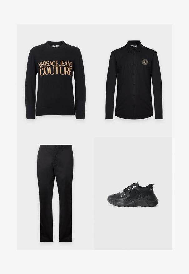 Sort langærmet crewneck-sweater med ribbet manchetter og kant, med stor tanfarvet tekst "VERSACE JEANS COUTURE" hen over brystet.; Sort, langærmet, knappet skjorte med krave og Versace Jeans Couture-logo på venstre bryst.; Sorte bomuldsbukser med lige ben-design, der har en frontknaplukning og sidelommer, glat tekstur, ingen synlige mønstre.; Sort atletisk sneaker med en tekstureret mesh-panel, tykk gummisål, kontrasterende accenter og snørelukning. Har en bageste trækstrop.