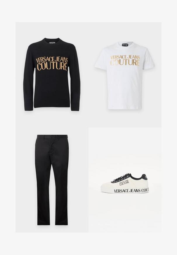 Musta pitkähihainen pyöreäkauluksinen neule, jossa ribbiresorit hihoissa ja helmassa, ja isolla ruskeanbeigellä "VERSACE JEANS COUTURE" -tekstillä rintakehässä.; Valkoinen puuvillapaita, jossa on rohkeat kullanväriset "VERSACE JEANS COUTURE" -kirjaimet edessä. Pyöreä kaula-aukko ja lyhyet hihat.; Mustat puuvillahousut suoran lahkeen muotoilulla, jossa on etunapit, sivutaskut, sileä pinta ja ei näkyviä kuvioita.; Valkoinen kangassneaker mustilla yksityiskohdilla, jossa on teksturoitu pinta, mustat nauhat ja rohkea "Versace Jeans Couture" -brändäys sivussa ja pohjassa.