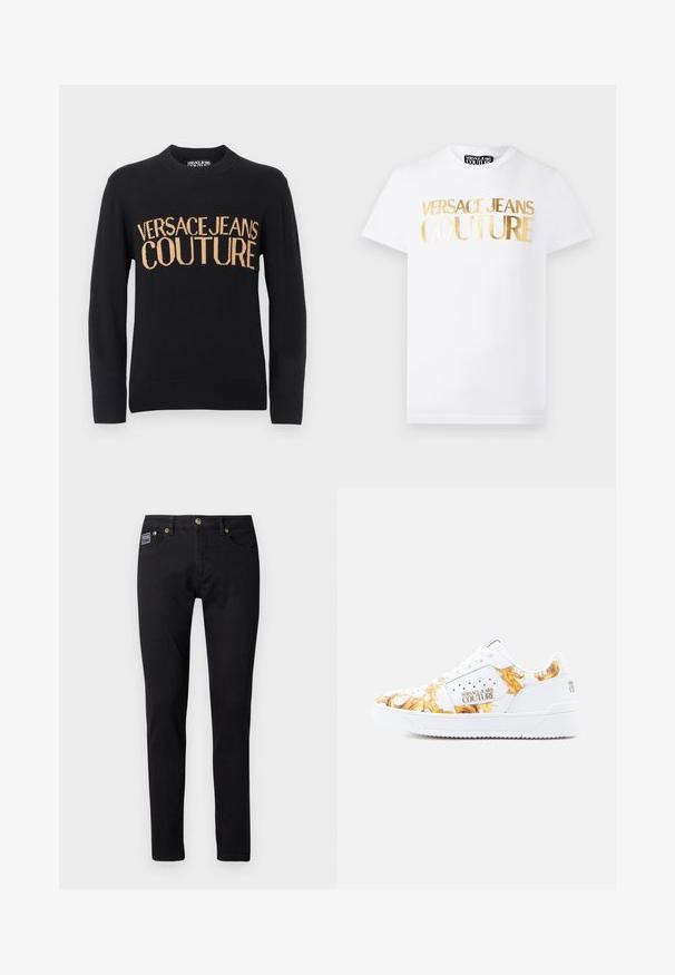 Čierny sveter s dlhým rukávom a okrúhlym výstrihom, s rebrovanými manžetami a spodným lemom, s veľkým béžovým nápisom "VERSACE JEANS COUTURE" na hrudi.; Biele tričko s krátkym rukávom a zlatým metalickým nápisom "Versace Jeans Couture" na prednej strane a okrúhlym výstrihom.; Čierne džínsy z denimovej látky so slim fit strihom, s kovovými doplnkami v zlatej farbe, piatimi vreckami a malou značkovou etiketou na pravom vrecku.; Biele tenisky s potlačou v zlatej a žltej farbe, koženým materiálom, tónovanými šnúrkami, gumovou podrážkou a vystúpeným logom na boku.