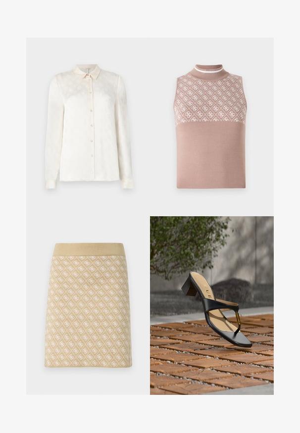 Ärmelloses Stricktop in hellem Beige mit einem strukturierten, gemusterten oberen Abschnitt und einem figurbetonten Stehkragen. Verfügt über einen glatten, einfarbigen unteren Teil.; Weißes langärmeliges Hemd mit Kragen, durchgängiger Knopfleiste, aus einem glatten Stoff mit einem dezenten geprägten Muster.; Strickrock in hellbeige mit einem strukturierten Rautenmuster in Weiß. Verfügt über einen festen Bund und ein tailliertes Design.; Schwarze Sandalette mit Absatz, Zehenschlaufe und goldenem Akzent, auf einer Holz- und Steinpflasteroberfläche im Freien nahe Grünflächen platziert.