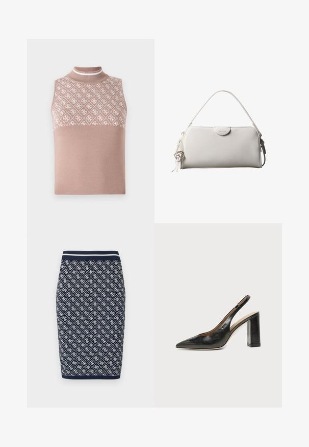 Top sin mangas de punto en beige claro con una sección superior texturizada y con patrón, y un cuello alto ajustado. Presenta una parte inferior lisa y sólida.; Falda lápiz de punto en azul marino y blanco con un patrón geométrico de diamantes. Cuenta con una cinturilla elástica a rayas y una textura suave.; Zapato slingback de piel negra con puntera puntiaguda, tacón alto y ancho, y forro interior beige sobre un fondo claro y liso.; Bolso rectangular blanco de Calvin Klein con un solo asa, diseño minimalista y borlas decorativas con un charm metálico geométrico en el lateral.