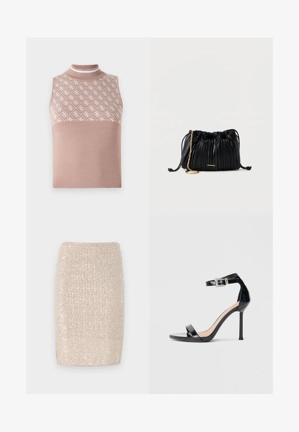 Ärmelloses Stricktop in hellem Beige mit einem strukturierten, gemusterten oberen Abschnitt und einem figurbetonten Stehkragen. Verfügt über einen glatten, einfarbigen unteren Teil.; Schimmernder beiger Bleistiftrock mit tailliertem Schnitt, bedeckt mit kleinen, reflektierenden Pailletten, glatte Textur und gerader Saum.; Schwarzer Riemchensandale aus Lackleder mit hohem Absatz und Knöchelriemen. Verfügt über ein minimalistisches Design, offene Zehenpartie und eine Schnalle mit Strassakzenten.; Schwarze, plissierte Ledertasche mit Kordelzug, goldener Kettenriemen und kleinem, horizontalem goldfarbenem Akzent auf der Vorderseite.