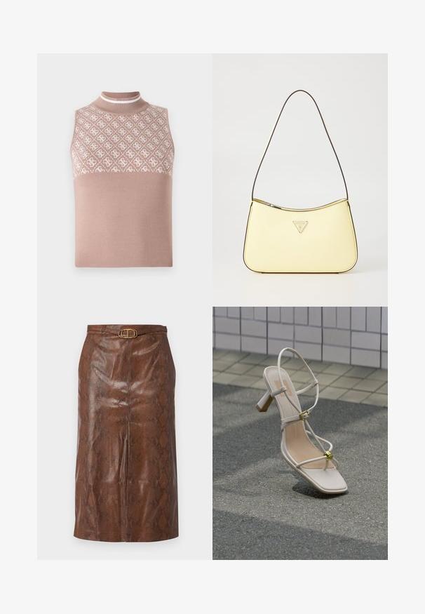 Ærmeløs striktop i lys beige med en tekstureret, mønstret øverste del og en tætsiddende mock neck. Har en glat, ensfarvet nederste del.; Brun imitation læder blyantskirt med slangeskinds mønster, der har en gylden oval spænde og en tætsiddende silhuet. Glat tekstur og knælang.; Beige sandal med hæl og stropper, guldspænde og dekorativ guldkugle, på brostensbelagt underlag nær flisebelagt væg.; Gul syntetisk håndtaske med en buet form, tynd mørk skulderrem og et sølvfarvet trekantet logo på forsiden. Glat tekstur og minimalistisk design.