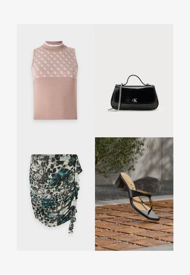 Varrenless knit top vaaleanbeigessä, jossa on teksturoitu, kuvioitu yläosa ja räätälöity korkeakaulus. Alhaalla on sileä, yhtenäinen osa.; Rypistetty, kevyestä kankaasta valmistettu hame vihreän, mustan ja harmaan sävyissä, jossa on leopardikuosi ja röyhelöyksityiskohtia sivussa.; Musta korkokengän sandaali, jossa varvaslenkki ja kultainen yksityiskohta, asetettuna puiselle ja kivellä päällystetylle ulkopinnalle lähellä kasvillisuutta.; Mustat nahkalaukku, jossa on ketjuhihna, säädetty muoto ja hopeinen logovahvike. Tasainen pinta, jossa on läpän suljenta.