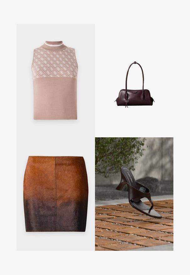 Top en maille sans manches de couleur beige clair avec une section supérieure texturée et à motifs, et un col montant ajusté. Présente une partie inférieure lisse et unie.; Jupe mini dégradé brun en matériau doux, présentant une texture lisse, une silhouette ajustée et des coutures précises le long des bords.; Sandale à talon marron Calvin Klein suspendue au-dessus d'un sol extérieur en dalles de bois et gravier avec un arrière-plan flou de verdure et de pierres.; Sac à main en cuir brun foncé Calvin Klein avec de longues poignées doubles et un petit porte-clé logo suspendu à une poignée.