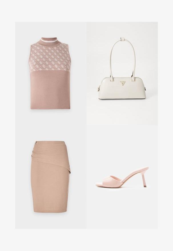 Mouwloze gebreide top in lichtbeige met een gestructureerd, patroon bovenstuk en een aansluitende hoge hals. Beschikt over een glad, effen ondergedeelte.; Beige kokerrok tot de knie, gemaakt van ribbelstof, met een gedrapeerd voorpand en een zilveren rits aan de zijkant. Gladde textuur.; Glanzend roze open-toe muiltjes met een smalle hak en een gladde, glanzende afwerking. Heeft een eenvoudig silhouet en een minimalistisch ontwerp.; Crème handtas van patenleer met een gebogen vorm, twee bovenhandvatten en een goudkleurig driehoekig logo aan de voorkant. Ritsafsluiting.