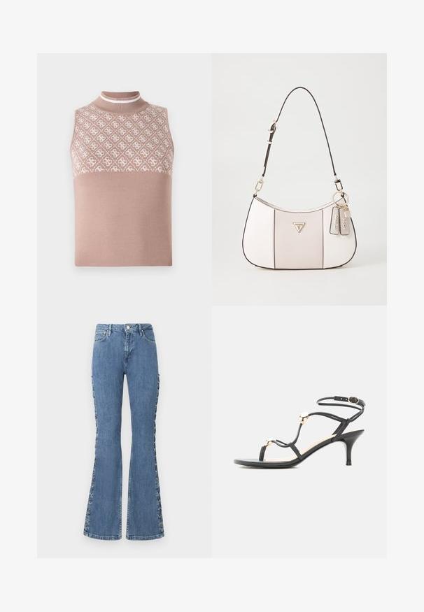 Top en maille sans manches de couleur beige clair avec une section supérieure texturée et à motifs, et un col montant ajusté. Présente une partie inférieure lisse et unie.; Jean bleu taille haute, évasés, en denim avec un détail de laçage décoratif sur les côtés et un design classique à cinq poches.; Sandale noire à fines lanières et talon moyen, ornée de perles dorées et d'une bride de cheville avec boucle sur fond blanc.; Sac à main blanc texturé avec une forme courbée, dotée d'une sangle noire, de ferrures dorées et d'étiquettes de marque attachées.