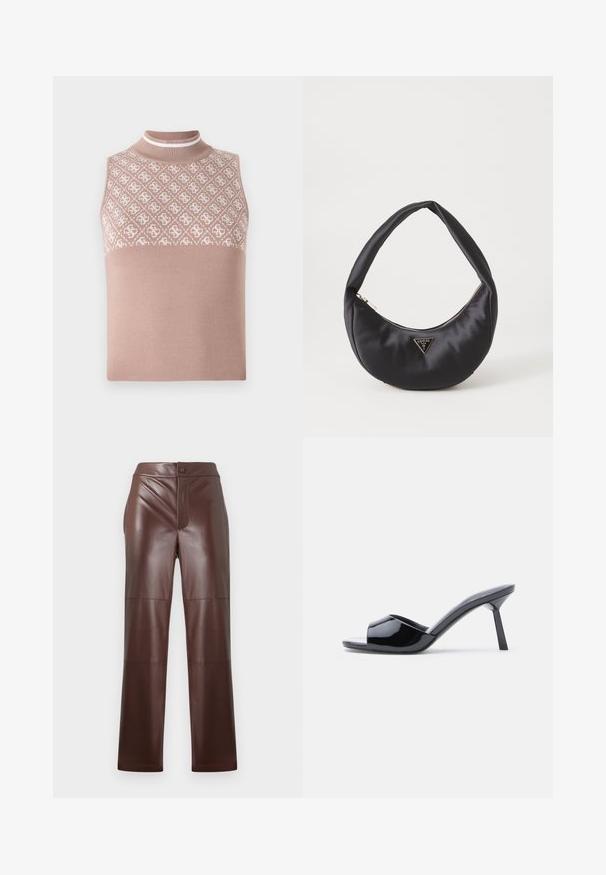 Top sin mangas de punto en beige claro con una sección superior texturizada y con patrón, y un cuello alto ajustado. Presenta una parte inferior lisa y sólida.; Pantalones de imitación cuero marrón con corte recto y textura suave. Presentan un cierre frontal con cremallera y botón, complementado con costuras en tono.; Sandalias de tacón con punta abierta de charol negro, con un diseño superior curvado y tacón de aguja cónico. Acabado liso y brillante.; Bolso de satén negro con forma curva, que cuenta con un cierre de cremallera y un logo triangular en metal en la parte delantera. Textura suave y diseño elegante.