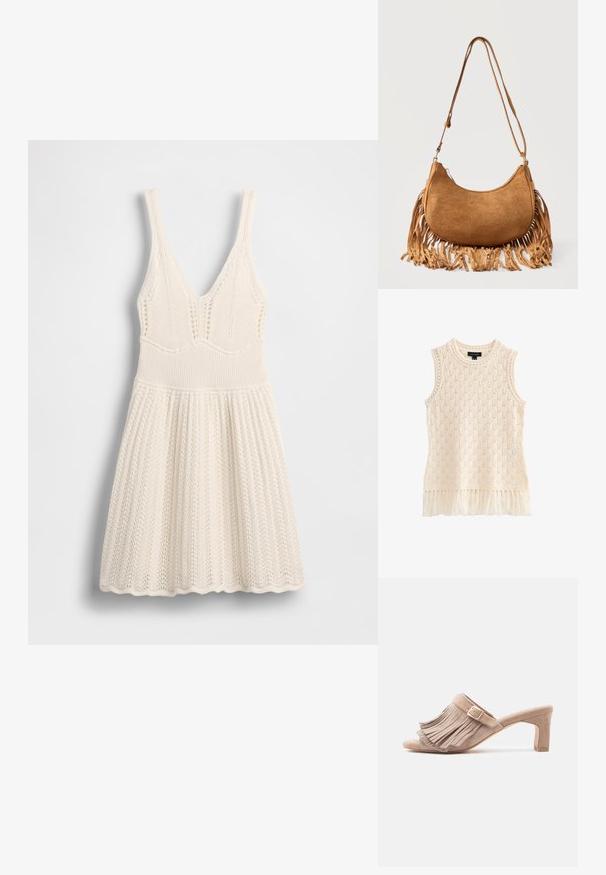 Top de punto sin mangas en color crema con patrón floral de ojales y flecos en el dobladillo, escote redondo y etiqueta "New Look" en el interior del cuello.; Vestido de punto en color crema, con escote en V, cuerpo acanalado y falda acampanada con borde con ondas y patrón calado en toda la prenda.; Zuecos de tacón de ante beige con un amplio detalle de flecos en el empeine, un adorno de hebilla y un tacón cuadrado de altura media.; Bolso de hombro marrón de ante con forma de media luna, con correa larga y detalles de flecos a lo largo de los bordes inferiores sobre un fondo blanco.