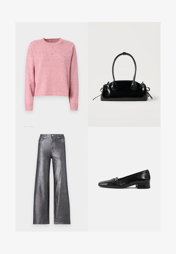 JDY JDYNAMI LIFE SPARKLE - Strickpullover - lilas; Silberne, metallic glänzende Jeans im weit geschnittenen Stil mit hoher Taille, ausgestattet mit fünf Taschen und einem Knopfverschluss. Der Stoff hat eine glatte, glänzende Textur.; Schwarze Lackleder-Ballettschuhe mit spitzem Zehenbereich, niedrigem quadratischem Absatz und einem kleinen metallischen Schnallenakzent am Riemen. Glatte Textur.; Kleine schwarze glänzende Handtasche mit zwei langen Griffen und seitlichen Kordelzug-Details vor einfachem hellem Hintergrund.
