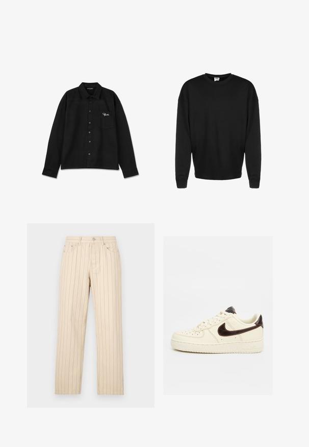 Sort langærmet crewneck sweatshirt med ribbede manchetter og afslappet pasform, vist mod en hvid baggrund.; Sort langærmet skjorte lavet af stof, med krave, knap-lukning foran, enkelt brystlomme og broderet logo i hvid på lommen.; Beige lige ben bukser med lodrette striber, der har knaplukning, bælteløkker og sidelommer. Stoffet har en glat overflade.; Beige lavskoet Nike Air Force 1 sneaker med sort swoosh-logo, beige snørebånd og beige sål på en neutral baggrund.