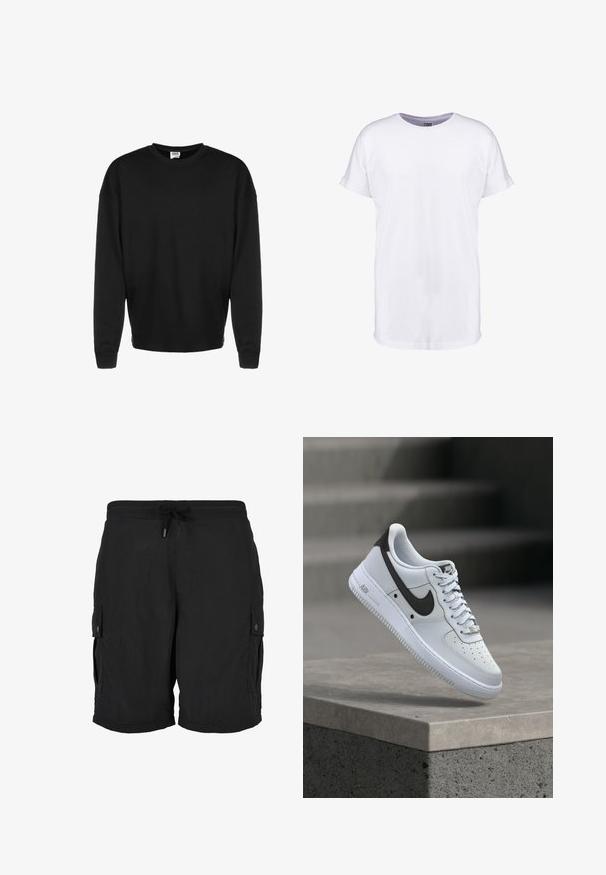 Sort langærmet crewneck sweatshirt med ribbede manchetter og afslappet pasform, vist mod en hvid baggrund.; Hvid bomulds t-shirt med korte ærmer, rund halsudskæring og en afslappet pasform. Glat tekstur og ingen synlige mønstre eller designs.; Sorte cargoshorts med elastisk talje, justerbar snøre og knaplukning på sidelommerne.; Hvid Nike Air Force 1 sneaker med sort swoosh-logo, svævende over en betonforkant med slørede trapper i baggrunden.