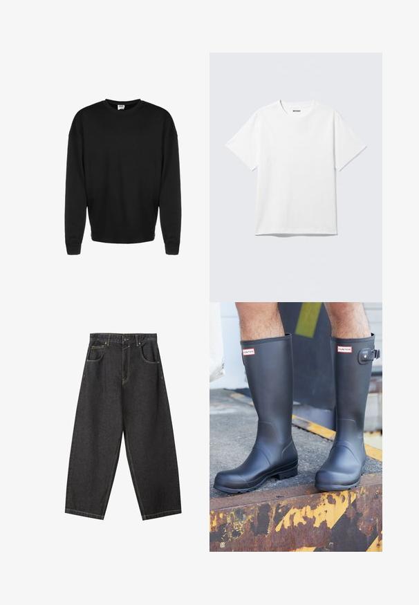 Sweatshirt noir à manches longues, col rond, avec des poignets côtelés et une coupe décontractée, présenté sur un fond blanc.; T-shirt blanc à manches courtes et col rond, étalé à plat, design uni, avec l'étiquette "WEEKDAY" à l'intérieur du col sur un fond clair.; Pantalons wide-leg en denim noir avec des coutures jaunes, un design à cinq poches et une taille mi-haute. Tissu texturé avec une finition lisse.; Personne portant des bottes de pluie Hunter noires se tenant sur un bord métallique rouillé avec des marquages jaunes et noirs de précaution.