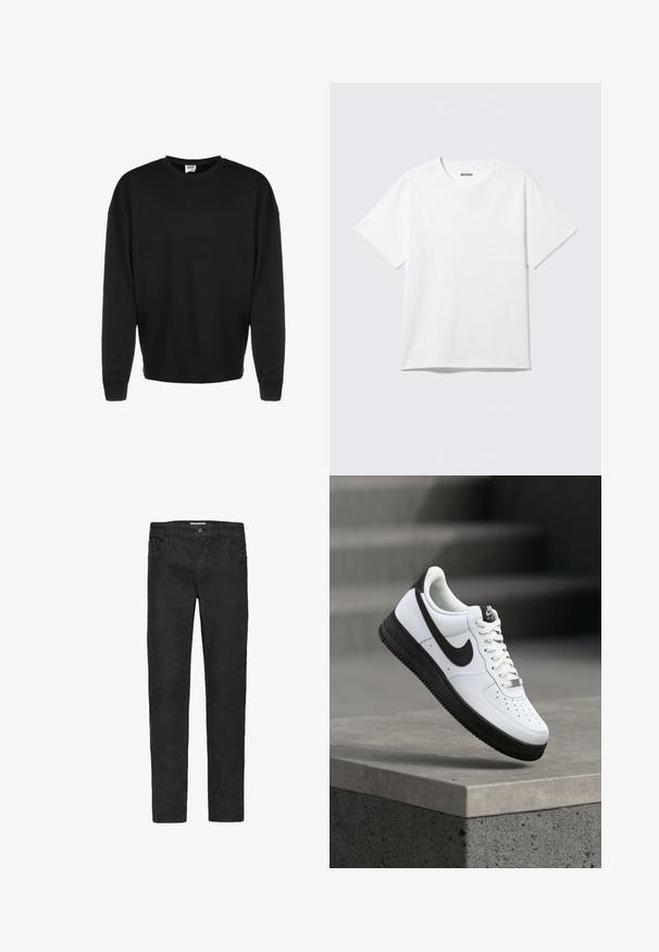 Sweatshirt noir à manches longues, col rond, avec des poignets côtelés et une coupe décontractée, présenté sur un fond blanc.; T-shirt blanc à manches courtes et col rond, étalé à plat, design uni, avec l'étiquette "WEEKDAY" à l'intérieur du col sur un fond clair.; Jean en denim noir avec une coupe droite. Les caractéristiques incluent cinq poches, une fermeture à bouton et une couture discrète le long des coutures.; Baskets en cuir blanc avec accents noirs, bout arrondi et détails perforés. Semelle en caoutchouc noire avec motif texturé et fermeture à lacets.