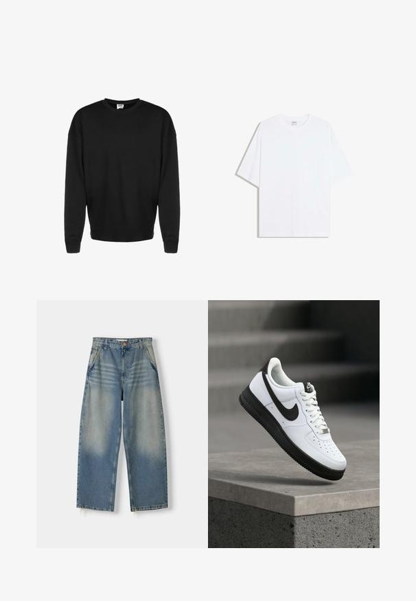 Sweatshirt noir à manches longues, col rond, avec des poignets côtelés et une coupe décontractée, présenté sur un fond blanc.; T-shirt oversize en coton blanc avec un col rond et des manches courtes ; texture lisse, sans motifs ni accents visibles.; Jean large en denim bleu clair avec une finition délavée, design à cinq poches et ourlet brut. Il dispose d'une fermeture à bouton et zipper à l'avant.; Baskets en cuir blanc avec accents noirs, bout arrondi et détails perforés. Semelle en caoutchouc noire avec motif texturé et fermeture à lacets.