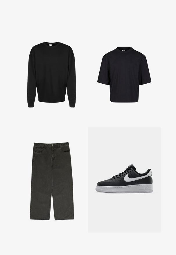 Sweatshirt noir à manches longues, col rond, avec des poignets côtelés et une coupe décontractée, présenté sur un fond blanc.; T-shirt en coton noir avec un col rond, des manches courtes et une coupe oversize. Texture lisse et design minimaliste. Pas de logos visibles.; Pantalons larges en denim noir avec taille haute, cinq poches et fermeture à bouton. Texture douce et design droit.; Baskets en cuir noir avec surface texturée, swoosh Nike blanc, semelle grise, bout rond et design à lacets. Comprend des perforations sur la boîte à orteils.
