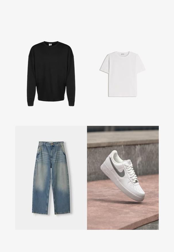 Schwarzer langärmeliger Rundhalsausschnitt-Sweatshirt mit gerippten Bündchen und lockerer Passform, vor einem weißen Hintergrund präsentiert.; Weißes Baumwoll-T-Shirt mit Rundhalsausschnitt und kurzen Ärmeln. Klassische, kastige Form ohne sichtbare Muster oder Verzierungen.; Hellblaue Denim-Jeans im weit geschnittenen Stil mit einem ausgewaschenen Finish, Fünf-Taschen-Design und rohem Saum. Mit einem Knopf- und Reißverschluss vorne.; Weißer Nike Air Force 1 Sneaker mit grauem Swoosh-Logo, der über einer Steinoberfläche und einem grauen Steinwandhintergrund schwebt.