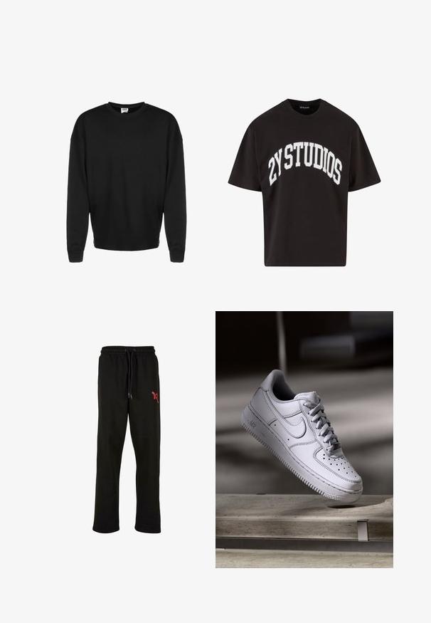 Sort langærmet crewneck sweatshirt med ribbede manchetter og afslappet pasform, vist mod en hvid baggrund.; Sort kortærmet t-shirt med rund hals i sort, med "2Y STUDIOS" trykt i store hvid blokbogstaver, der buer henover brystet.; Sorte sweats med elastisk talje og justerbar snor. Har et rødt logo på venstre lår. Blødt materiale.; Hvid læder Nike Air Force 1 sneaker med perforeret tå, flade snørebånd og tekstureret gummisål med "AIR" branding på siden.