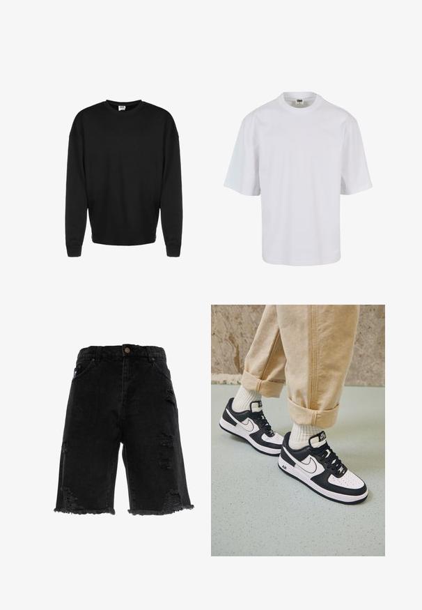 Schwarzer langärmeliger Rundhalsausschnitt-Sweatshirt mit gerippten Bündchen und lockerer Passform, vor einem weißen Hintergrund präsentiert.; Weißes T-Shirt mit kurzen Ärmeln aus Baumwolle. Verfügt über einen Rundhalsausschnitt und einen lockeren Schnitt mit glatter Oberfläche sowie ohne sichtbare Muster oder Grafiken.; Schwarze Jeansshorts mit fransigem Saum, ausgestattet mit ausgefransten Rissen und geradem Schnitt. Beinhaltet traditionelle Fronttaschen und einen Metallknopf.; Schwarz-weiße Nike Air Force 1 Sneaker mit einem Obermaterial aus Leder, perforierter Zehenpartie und strukturiertem Sohlendesign, getragen mit aufgerollten beigen Hosen und weißen Socken.