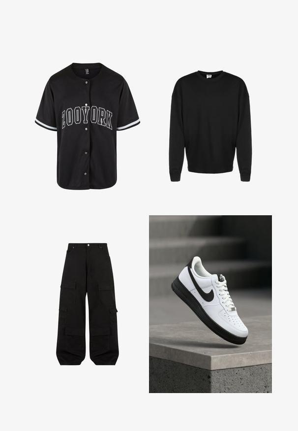 Sort langærmet crewneck sweatshirt med ribbede manchetter og afslappet pasform, vist mod en hvid baggrund.; Sort kortærmet trøje med knaplukning, "ZOOYORK" trykt med fede hvide bogstaver, med kontraststriber i hvid på ærmerne.; Sorte cargo bukser lavet af slidstærkt bomuld med en afslappet pasform. Har flere nyttige lommer og et lige ben design.; Hvid lædersneaker med sorte detaljer, rundet tå og perforerede detaljer. Sort gummisål med tekstureret mønster og snørelukning.