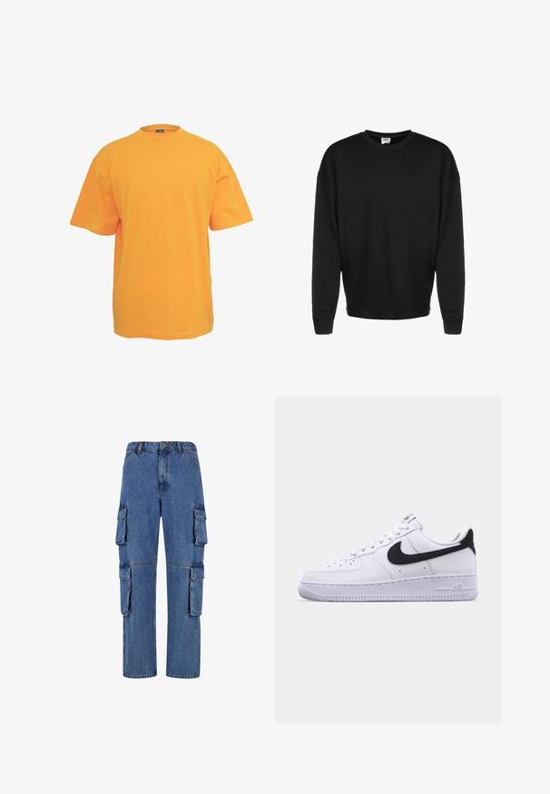 Sort langærmet crewneck sweatshirt med ribbede manchetter og afslappet pasform, vist mod en hvid baggrund.; Orange bomulds t-shirt med rund halsudskæring, korte ærmer og en afslappet pasform. Ingen mønstre eller detaljer. Glat tekstur.; Blå denim cargo bukser med brede ben, fire store sidelommer og kontrasterende syninger. Texturen er glat med et falmet udseende.; Hvide lædersneakers med en struktureret sort Swoosh, flade snørebånd og en gummisål med et rillemønster. "AIR" er præget på hælen.