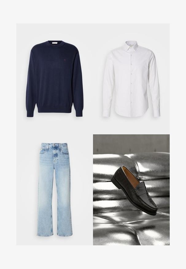 Navyblå sweater i blødt stof med rund hals, ribstrikkede manchetter og kant. Lille broderet logo på brystet. Klassisk pasform.; Hvid langærmet skjorte med spids krave, knaplukning foran, lavet af et glat stof. Har en subtil stribet tekstur.; Lysblå vide jeans med høj talje, der har en falmet finish, bæltestropper og klassisk fem-lomme design. Kantene er rå.; Sort lædersko med krokodillemønster, svævende over en skinnende sølvfarvet sofa med knapper, der fremhæver skoens detaljer og tekstur i nærbillede.