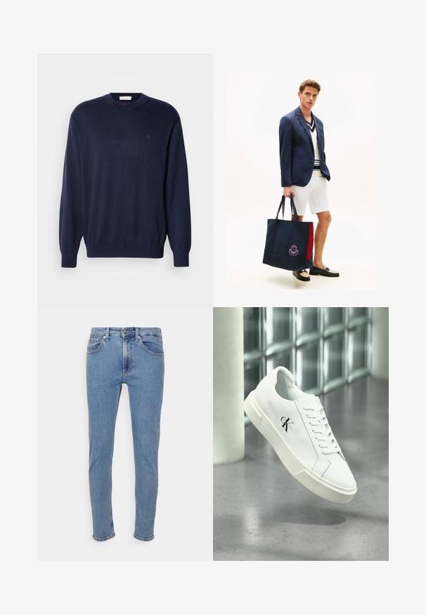 Lahe tumesinist värvi pehme kangaga kampsun, millel on ümar kaelus, soonilised mansetid ja ääris. Väike tikitud logo rinnal. Klassikaline lõige.; Heledad helesinised slim-fit teksad, millel on eesnupp ja lukku, ees- ja tagataskud, esitatud valgel taustal.; Valge Calvin Kleini paeltega tennisejalanõu, mis on kuvad surnud põranda ja klaasplokkide seina taustal hõljuvana.; Mees tumesinises bleiseris, valgete lühikeste pükstega ja loafer-kingadega, hoides suurt tumesinist kandekotti punase triibu ja vapiembleemiga.