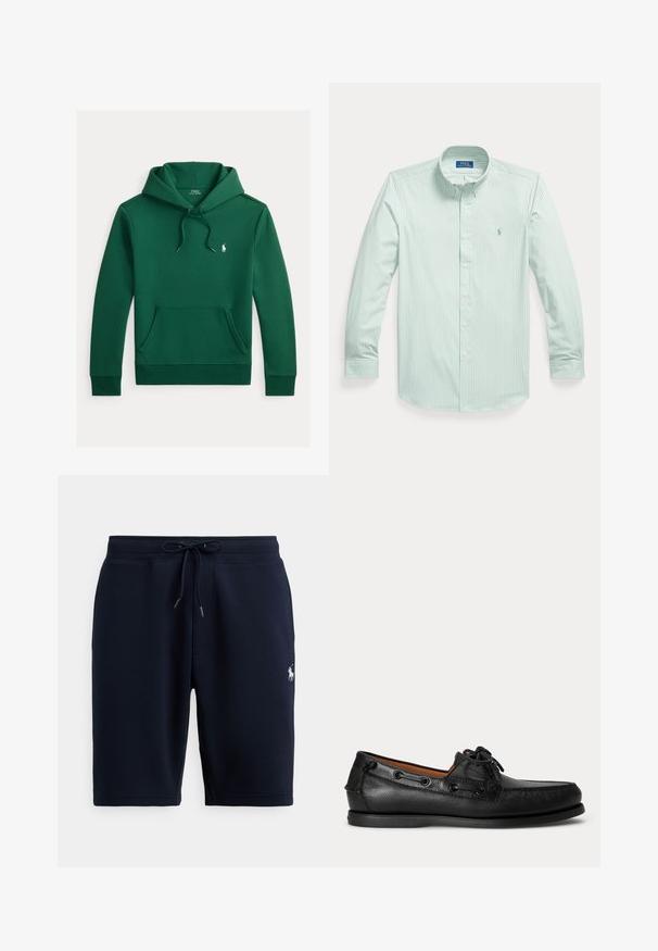 Mørkegrøn hættetrøje med forlommer, justerbar snor i hætten og lille hvid Polo Ralph Lauren-logo på brystet.; Langærmet grøn og hvid skjorte med vertikale striber, knapper foran, knaplukket krave og lille broderet logo på brystet.; Marineblå atletiske shorts i bomuld med elastisk taljebånd, snor og logoaccents på venstre side. Glat tekstur, knælang.; Sort lædermoccasin med snøredetalje og lav gummisål, vist fra siden på ensartet lys baggrund.