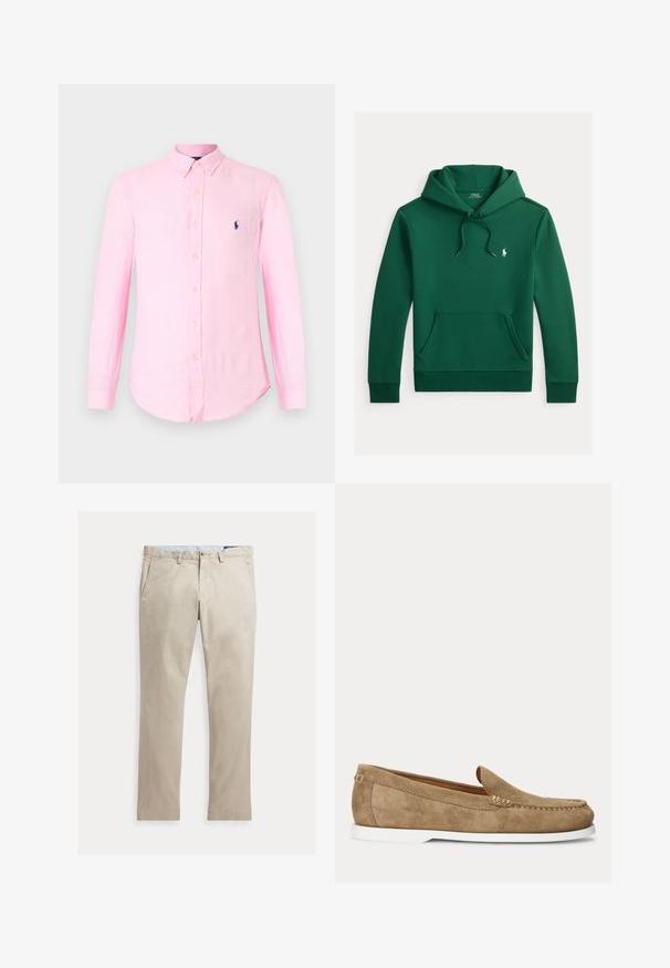 Tummanvihreä huppari, jossa etutasku, säädettävä kiristysnauha hupussa ja pieni valkoinen Polo Ralph Lauren -logo rinnassa.; Miesten vaaleanpunainen pitkähihaiset napillinen paita, jossa on napillinen kaulus ja pieni tummansininen kirjailtu logo rinnassa.; Beiget suorat puuvillahousut, joissa on etutaskut, vyölenkit, nappisuljin ja vetoketjullinen etuosa, näytettynä litteänä valkoisella taustalla.; Vaaleanruskea mokkanahkainen loafer valkoisella pohjalla, mokkasiini ompeleilla ja slip-on-mallilla, sivulta kuvattuna yksivärisellä taustalla.