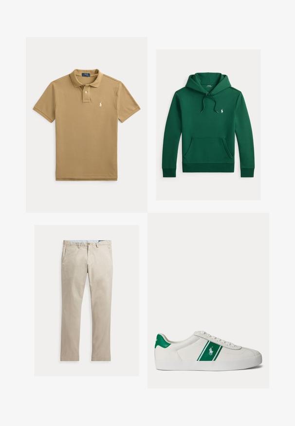 Tmavozelená mikina s kapucňou, predným vačkom, nastaviteľnou šnúrkou na kapucni a malým bielym logom Polo Ralph Lauren na hrudi.; Béžové polo s krátkym rukávom, golierom, dvojgombíkovou légou a malým bielym vyšitým logom na ľavej strane hrudníka.; Béžové rovné bavlnené nohavice s prednými vreckami, pútkami na opasok, zapínaním na gombík a zipsom, zobrazené položené na bielom pozadí.; Biele nízke tenisky s zeleným pruhom a logom Polo na boku, zelený jazyk na päte a biele šnúrky, zobrazené z ľavej strany na jednoduchom pozadí.