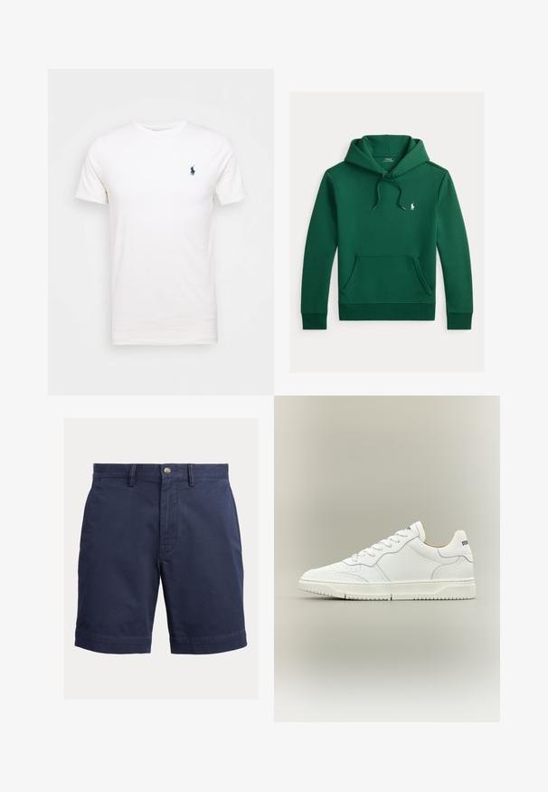Tume roheline kapuutsiga pusa esikoti, reguleeritava paelaga kapuuts ja väike valge Polo Ralph Laureni logo rinnal.; Valge puuvillane T-särk ümmarguse kaelusega. Vasakul rinnal on väike tume sinine logo. Lühikesed varrukad, sile tekstuur.; Meeste tumesinised lühikesed püksid nööpidega kinnituse, vööaasade ja sirge äärega ühtlase hele tausta vastu.; Valge madala säärega tennisking, millel on paelakinnitus, sile nahast pealiskate ja kandmises eristuv brändi detail, kujutatud neutraalse tausta ees.