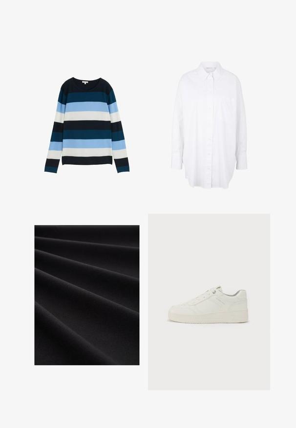 Pull à rayures présentant des couleurs marine, sarcelle, bleu clair, blanc et gris clair. Fabriqué en tissu tricoté côtelé, avec un col rond et des manches longues.; Chemise blanche à manches longues en coton avec un col classique, une poche poitrine et un ourlet arrondi pour un ajustement décontracté.; Tissu noir lisse avec des plis doux formant des lignes diagonales et des ombres subtiles, mettant en valeur la texture et la finition mate.; Sneaker blanc avec un extérieur en cuir lisse, bout rond, six œillets, col rembourré et semelle en caoutchouc texturé. Logo de marque discret sur le côté.