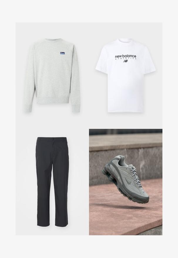 Helehall triiksärk pika varrukaga ja ümmarguse kaelusega, ees väike ristkülikukujuline sinine logoplaat.; Valge puuvillane t-särk ümarkaelusega, millel on ees keskel must "new balance" logo ja sõna "ATHLETICS". Lühikesed varrukad, tavapärane lõige.; Sile mustad püksid, mis on valmistatud siledast kangast, sirge säärega disain, esimesel nööp sulgemine ja standardtaskud.; Hall ja valge Nike toss kivist astme kohal, nähtava õhupehmenduse ja tekstuurse tallaga.