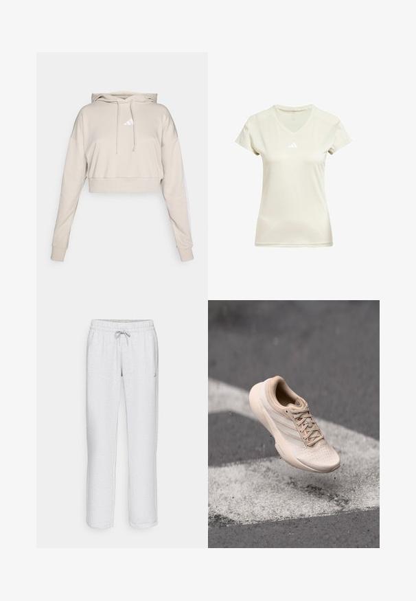 Lichtbeige cropped sweatshirt met een capuchon, voorzien van een wit driehoekig logo en witte zijstrepen. Gemaakt van zacht, textuurstof.; V-hals sportshirt van lichtbeige stof, korte mouwen, met een wit Adidas-logo op de borst en een gemêleerd accent langs de halslijn.; Witte, rechte sweatpants met een elastische tailleband, trekkoord en subtiele textuur. Bevat een klein logo aan de linkerzijde.; Beige sportieve schoen met een gestructureerd bovenwerk, een gladde zool en roze accenten. Voorzien van perforaties voor ademend vermogen en platte veters.